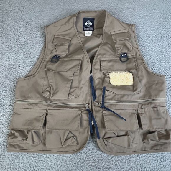 Vintage Columbia Sportswear Fly Fishing Vest Men Large Khaki Beige Tackle FM1010 - Picture 1 of 14
